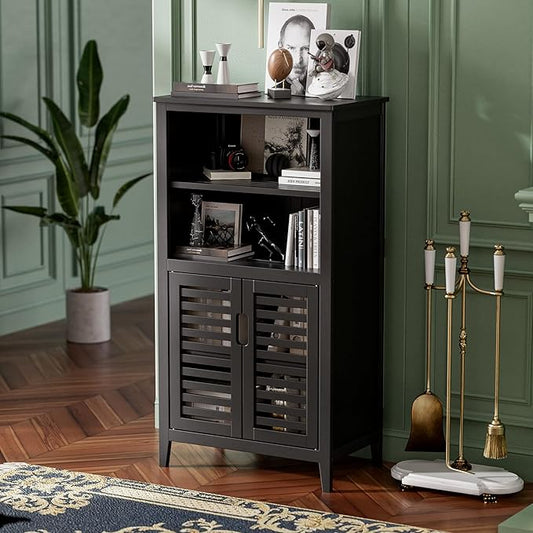 HITNET Black Bathroom Storage Cabinet, Freestanding Bamboo Floor Cabinet 5 Tier Tall Kitchen Cupboard with Door and Removable Shelves