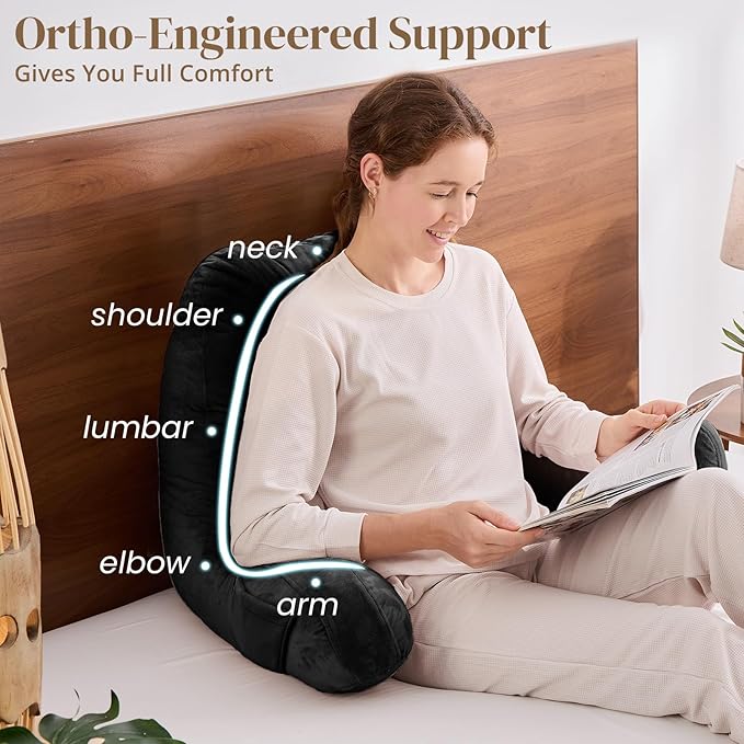 Sasttie Reading Pillow for Bed - 23 Inch, Back Pillow for Bed Sitting Up, Back-Rest Support Cushion with Side Pockets and Arms, Dorm Essentials, Oeko-Tex Certified, Black