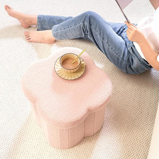 B FSOBEIIALEO Storage Ottoman Cube, Flowers Shaped Ottomans with Storage Foot Stool Footrest, Boucle Ottoman Seat for Dorm Room, Faux Teddy Fur, Pink 15"x15"x15"