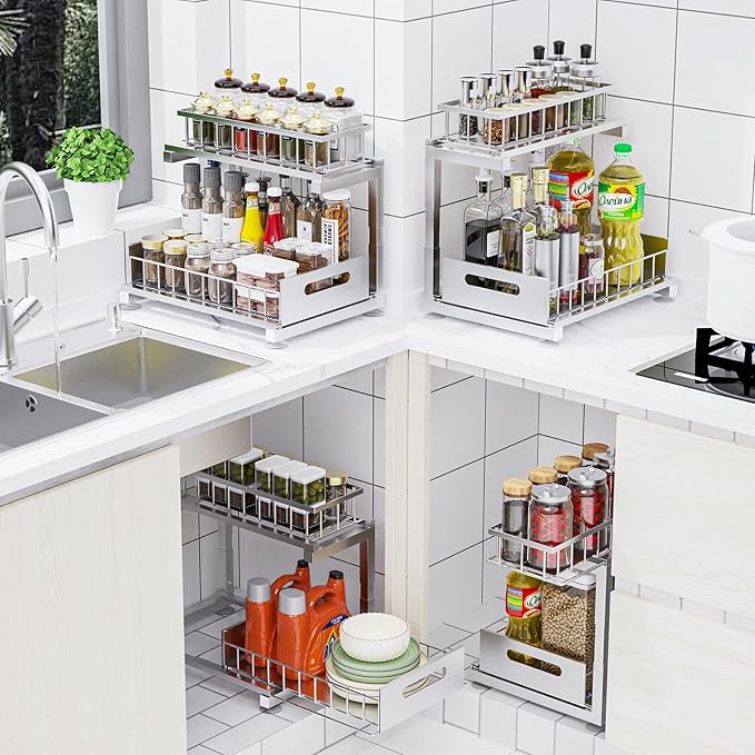 Under Sink Organizer Storage Heavy Duty Metal Slide Out Sink Shelf Organizer Height Adjustable, Multi-Purpose Storage Shelf for Kitchen Bathroom (Silver,1Pack)