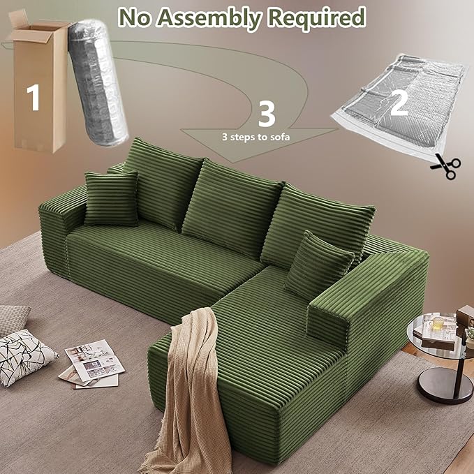 107" Cloud Sectional Couch with L-Shape Chaise, Modern Modular Comfy Sofa Chaise Longue, Upholstered Corduroy Couches Sleeper with Deep Seat for Living Room Bedroom, No Assembly Required, Green
