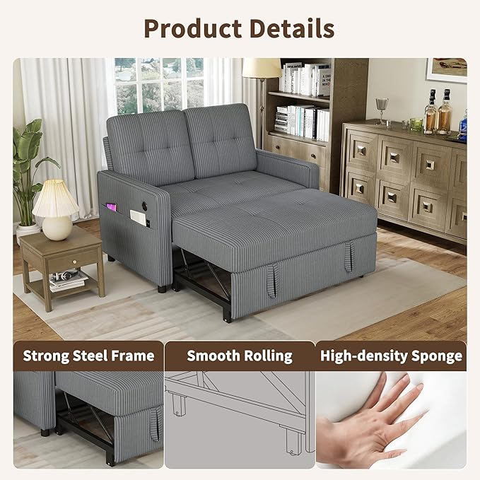 3 in 1 Convertible Sleeper Sofa Bed, Pull Out Couch with Charging Station, Corduroy Small Loveseat Sleeper Sofa with Adjustable Backrest for Apartment, Bedroom, Small Space（Dark Grey）