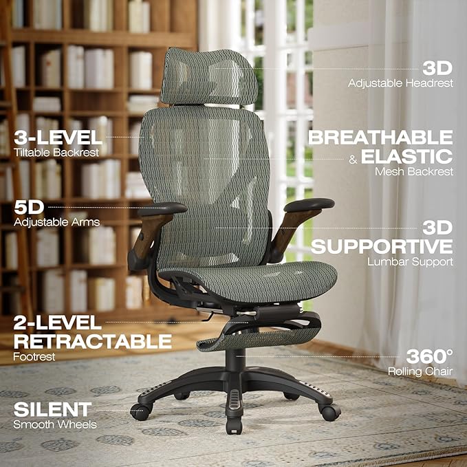 ELABEST X100 Ergonomic Mesh Office Chair with Footrest, Big and Tall Hone Desk Chair with 5D Flip-Up Arms, Adjustable 3D Lumbar Support,Gaming & Executive Computer Chairs for Long Hours