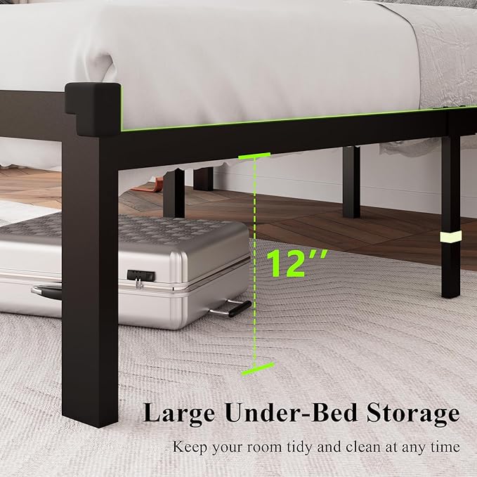 Feonase Full Size Metal Bed Frame, Heavy-Duty Platform Bed Frame with Linen Upholstered Headboard, 12" Storage Space, Steel Slats Support, No Box Spring Needed, Gray
