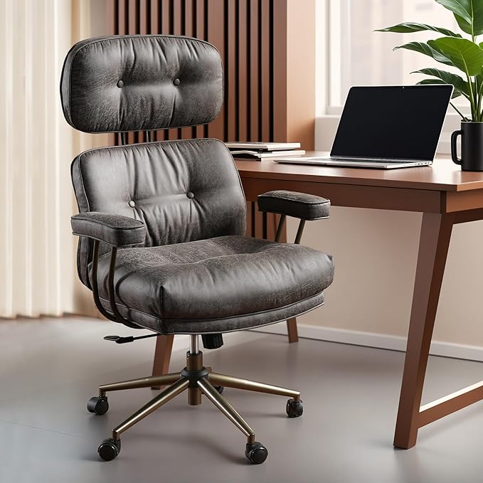 ovios Ergonomic Office Chair, High Back Faux Leather Executive Chairs with Thick Cushion, Comfy High-Century Modern Swivel Rolling Computer Armchair (Dark Grey, Suede Leather)