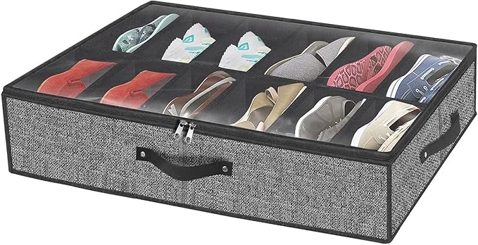 homyfort Under Bed Shoe Storage Organizer Fits 12 Pairs- Underbed Shoe Container Solution Shoes Box Bins with Clear Window for Sneakers,High Heels,Flip Flop(Black)