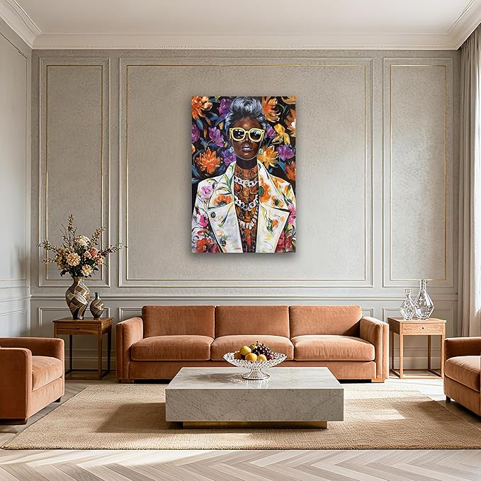 YETHEN WAL 24x36 inch Black Woman Portrait Wall Art – African American Afrocentric Floral Canvas Print, Modern Glam Black Woman Wall Decor for Living Room, Bedroom, Office, Vertical Fashion Artwork