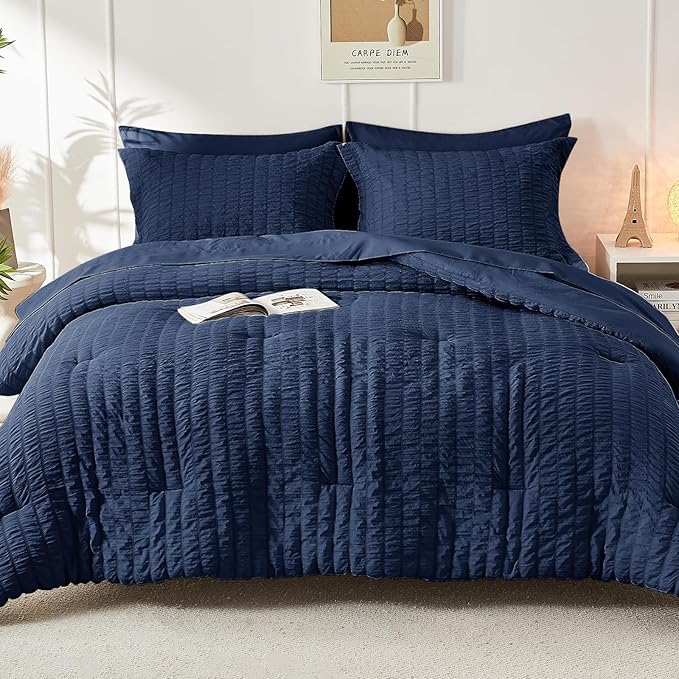HYMOKEGE Navy Blue Twin Comforter Set Seersucker 5 Pieces, All Season Luxury Bed in a Bag for Bedroom, Bedding Set with Comforters, Sheets, Pillowcase & Sham