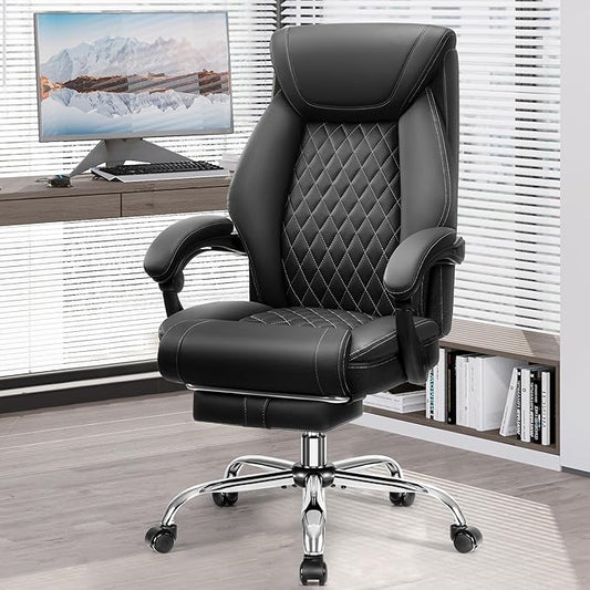 Office Chair, Executive Leather Chair Adjustable High Back, Ergonomic Computer Desk Chair Lumbar Support, Big and Tall Office Chair with Footrest, Comfy Reclining Chair for Home Office