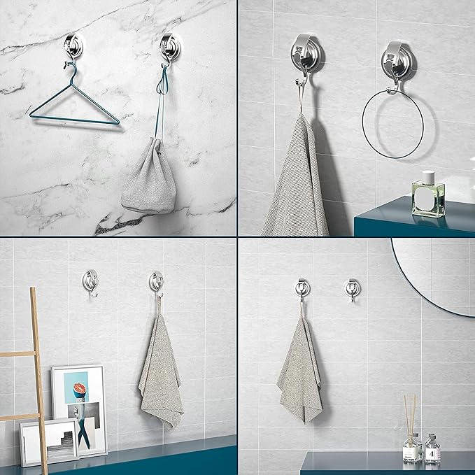 Heavy Duty Vacuum Suction Cup Hooks, Silver Plated Polished Super Suction for Kitchen Bathroom, 2 Pack