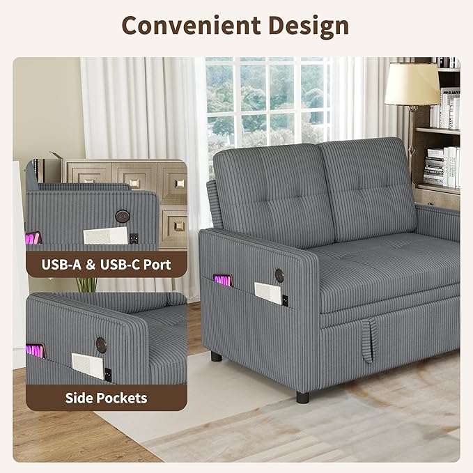3 in 1 Convertible Sleeper Sofa Bed, Pull Out Couch with Charging Station, Corduroy Small Loveseat Sleeper Sofa with Adjustable Backrest for Apartment, Bedroom, Small Space（Dark Grey）