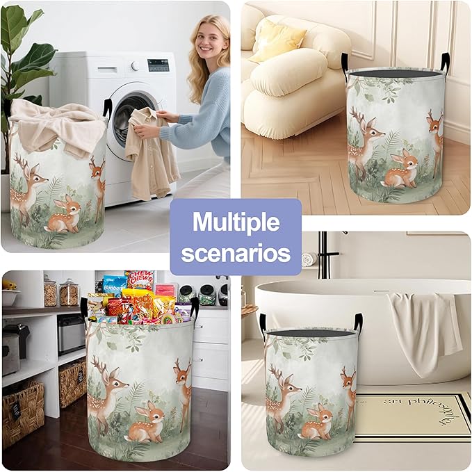 Cute ElkLaundry Basket,Animal World Large Canvas Fabric Lightweight Storage Hamper Organizer Dirty Clothes Collapsible Waterproof for College Dorms,Bathroom