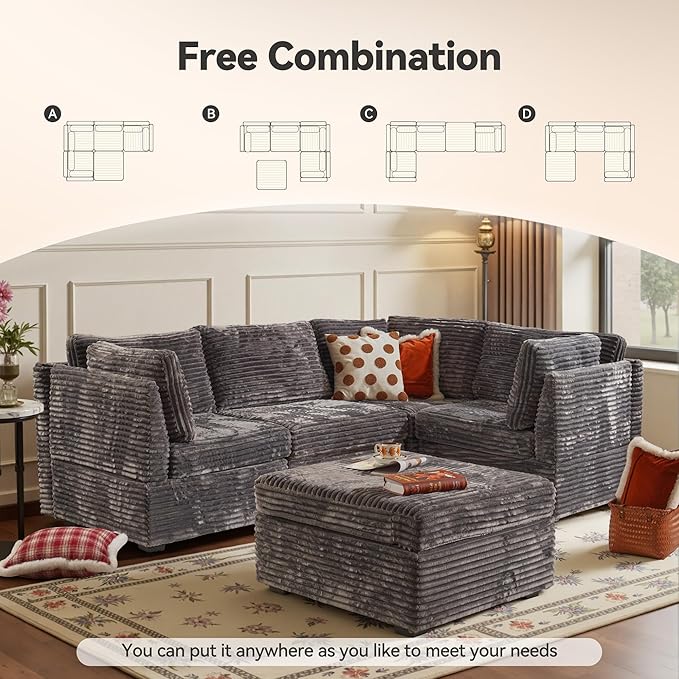 Modular Sectional Sofa,5 Pieces Sectional Couches for Living Room,131X65 L Shaped Cloud Couch with Ottoman Chaise Set