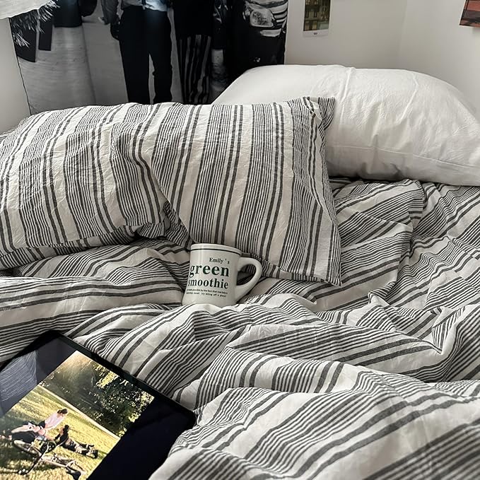 VM VOUGEMARKET Black Grey Striped Duvet Cover Set Queen Size - 3 Pieces Washed Cotton Bedding Set,Preppy Style Quilt Comforter Cover for College Dorm,90"x90"