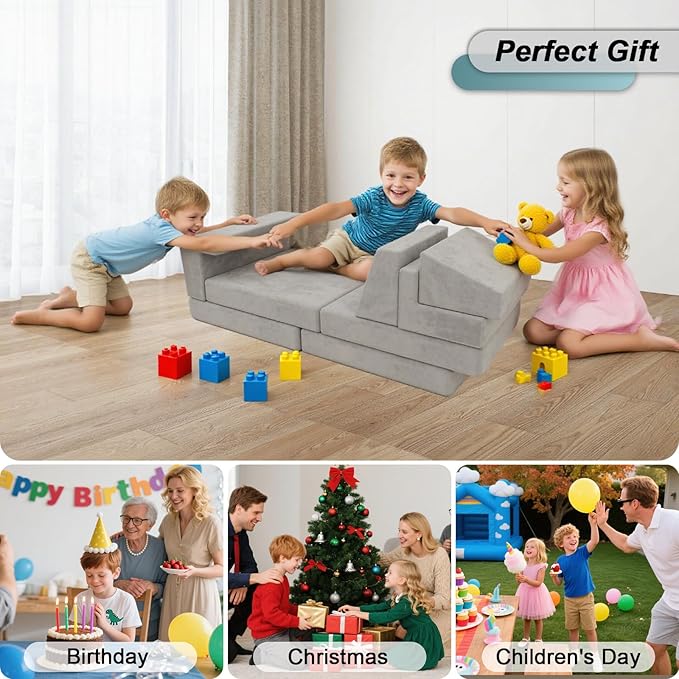 Play Couch Comfy Modular Sofa Futon Set, Convertible Folding Memory Foam Couches Versatile Floor Cushion Fort Set for Living Room Playroom Furniture (Grey)