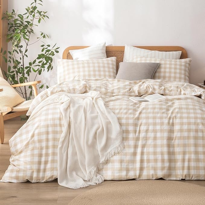 BESTOUCH Duvet Cover Set 100% Washed Cotton Linen Feel Super Soft Comfortable Chic Lightweight 3 PCs Home Bedding Set Almond Grey & White Grid King