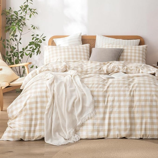 BESTOUCH Duvet Cover Set 100% Washed Cotton Linen Feel Super Soft Comfortable Chic Lightweight 3 PCs Home Bedding Set Almond Grey & White Grid King
