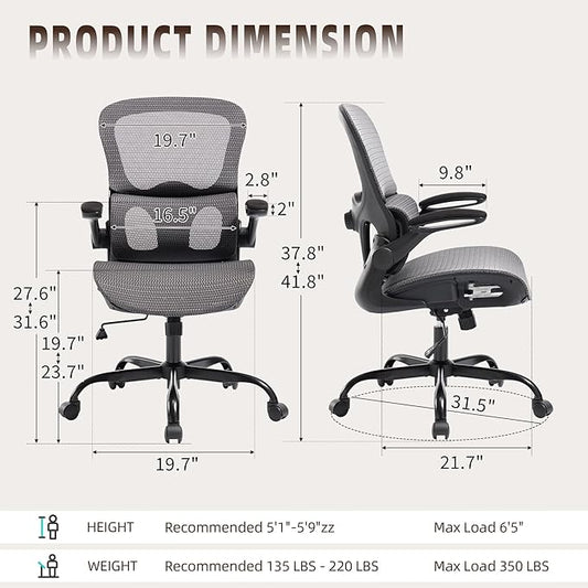 Office Chair, Ergonomic Desk Chair with Adjustable High Back 2D Lumbar Support Flip-up Armrests, Executive Breathable Mesh Comfy Swivel Rolling Computer Task Chair for Home Office Study Work Gaming