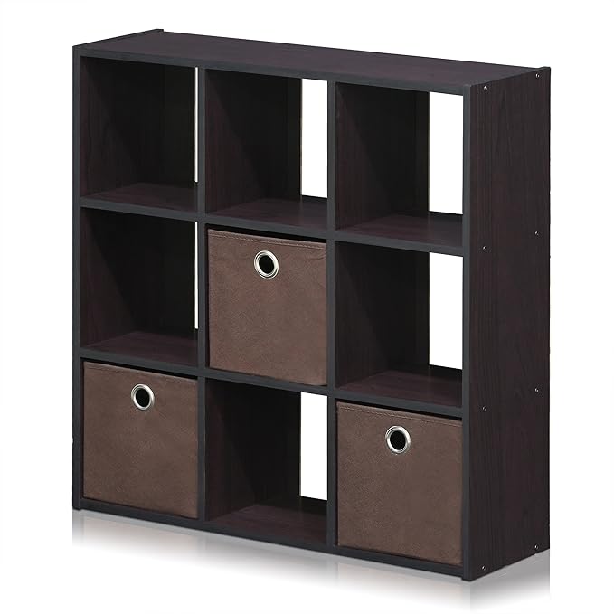 Furinno Simplistic 9-Cube Organizer with Bins, Small Size (Assembled Unit Dimensions : 7.9"D x 26.5"W x 26.7"H Inches), Dark Walnut