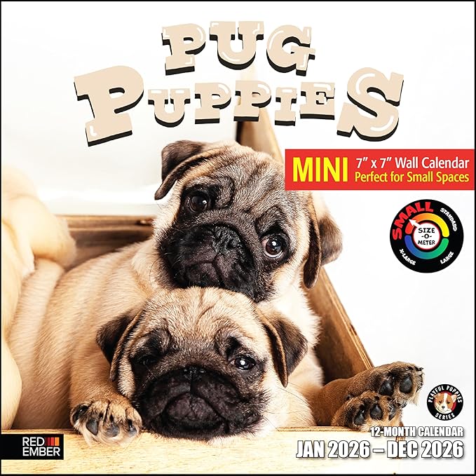 RED EMBER Pug Puppies 2026 Mini Wall Calendar 12 Month | 7" x 14" Open | Thick & Sturdy Paper | Holiday Gift | Cute Puppy Dog Calendar 2026