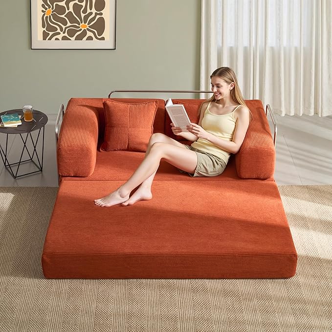 YINIX Foldable Sofa Bed, 62'' Folding Floor Couch, Compressed Convertable Sleeper Sofa, Memory Foam Couch with Pillow Back Support Armrest, 4-in-1 Futon Sofa Bed for Living Room, Orange