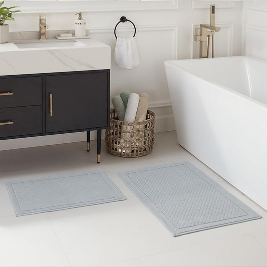 Arkwright 100% Cotton Bathroom Rug - High Absorbent Stylish Textured Woven Design Bath Mat, Slip Resistant Backing for Shower and Bathtub Floor, 20x32 in - Blue