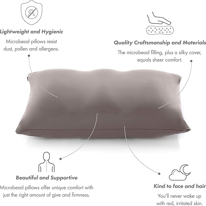 PILLOWY Premium Microbead Bed Pillow, Small Extra Fluffy But Supportive - Ultra Comfortable Sleep with Silk Like Anti Aging Cover 85% Spandex/ 15% Nylon Breathable, Cooling Stone Gray