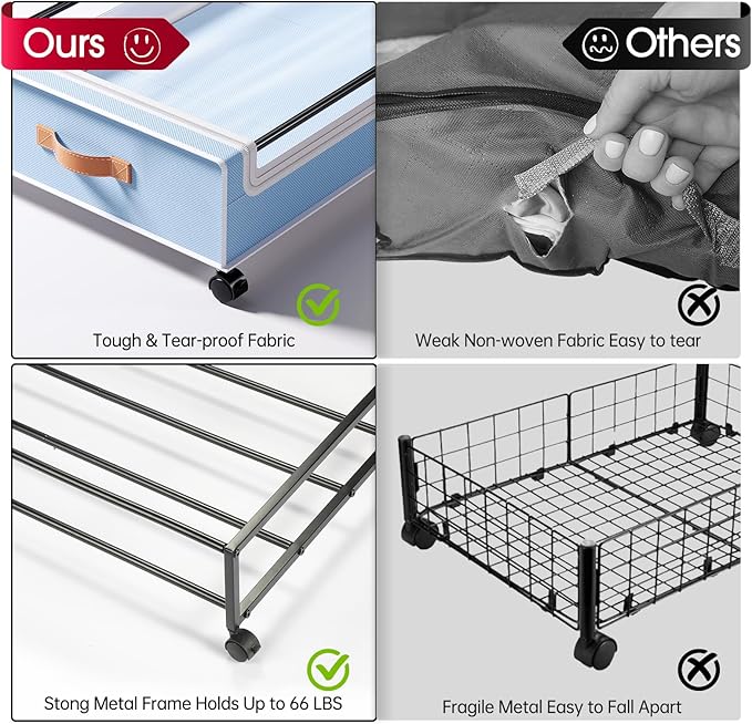 Yecaye Under Bed Storage with Wheels, 2 Pack Under Bed Storage Containers, 60L Underbed Shoe Storage with Clear Window & Label, Rolling Under Bed Metal Drawer for Clothes, Shoes, Books, Blankets, Blue