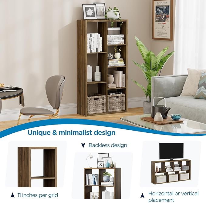 7 Cube Storage Organizer, Cube Shelf with Heavy-Duty Thick Boards, 25.12" L x 9.37" W x 48.74" H, Smooth Easy-Clean Panels, Simple Assembly, for Living Room Bedroom Office, Brown