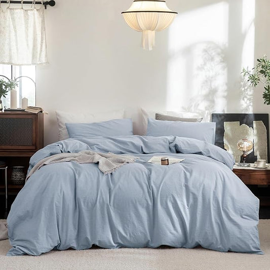 FOSSA Duvet Cover Set 100% Washed Cotton Linen Feel Super Soft Breathable Cozy 3 Pieces Bedding Sets Solid Cornflower Blue Oversized King Plus