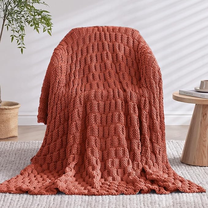 Knitted Weighted Blanket Adult, No Beads Heavy Blanket 60” x 80'' 17lbs, Breathable Chunky Knit Blanket, Cooling Weighted Blanket for Hot Sleepers, Christmas Home Decor (Orange)