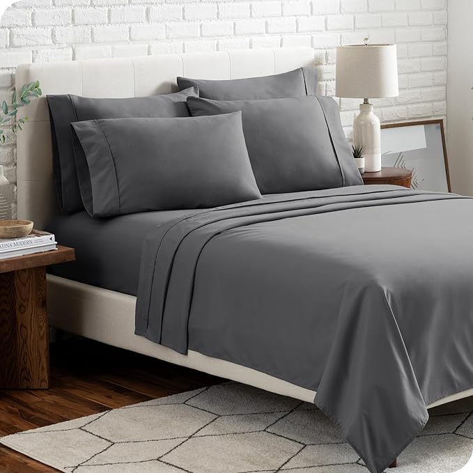 Bare Home Hotel Luxury Split Head Flex King Sheet Set, Extra Soft, Deep Pockets, Easy Fit, Cooling & Breathable, Wrinkle, Fade, Stain Resistant, with 4 Pillowcases (Split Head Flex King, Grey)