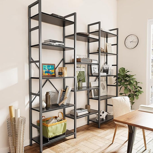 SUPERJARE Triple 5 Tier Bookshelf, Bookcase with 14 Open Display Shelves, Wide Book Shelf Book Case for Home & Office, Black