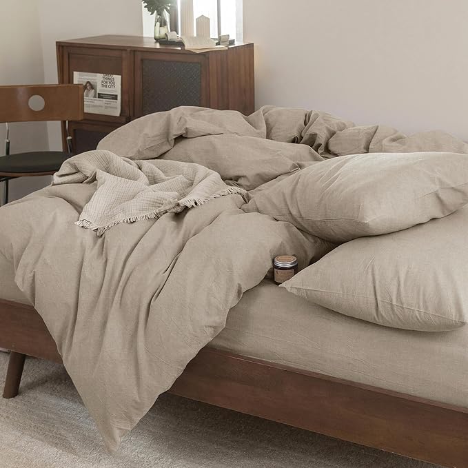 FOSSA Duvet Cover Set 100% Washed Cotton Linen Feel Super Soft Breathable Cozy 3 Pieces Bedding Sets Solid Tannish Linen Grey Oversized King Plus