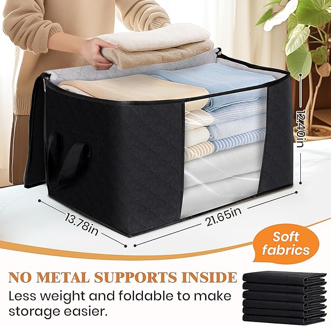 Fab totes 10 Pack Clothes Storage, Foldable Thick Fabric Blanket Storage Bags, Containers for Organizing Bedroom, Closet, Clothing, Comforter,Closet Organization with Handle,Black