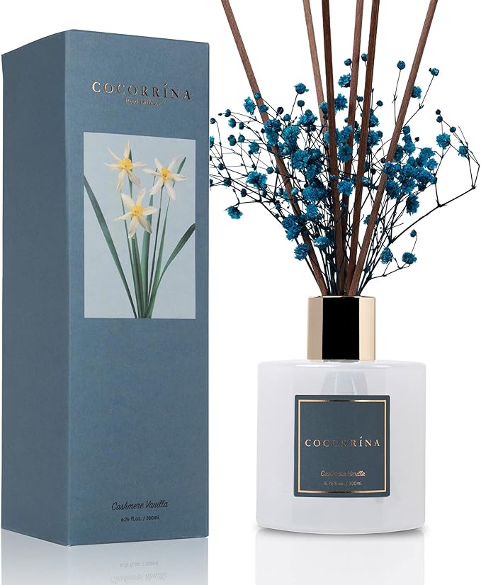 Cocorrína Premium Reed Diffuser Set with Preserved Baby's Breath & Cotton Stick Cashmere Vanilla | 6.7 fl oz Reed Diffuser for Bedroom Bathroom Home Décor