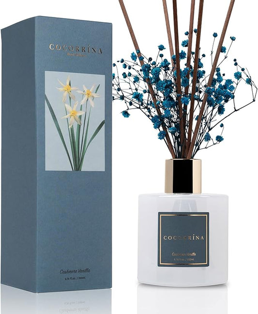 Cocorrína Premium Reed Diffuser Set with Preserved Baby's Breath & Cotton Stick Cashmere Vanilla | 6.7 fl oz Reed Diffuser for Bedroom Bathroom Home Décor