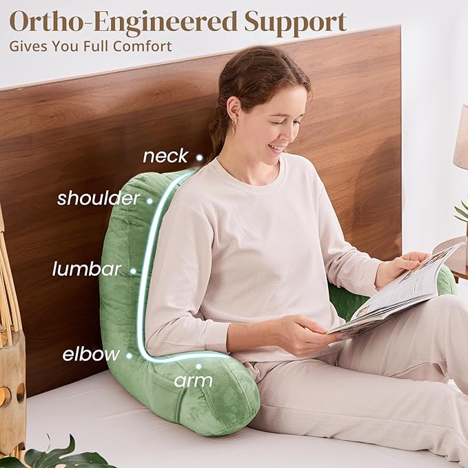 Sasttie Reading Pillow, Pillows for Reading or Relaxing – Ergonomic Support for Head, Neck, Back, and Lumbar, 21-Inch, Sage Green