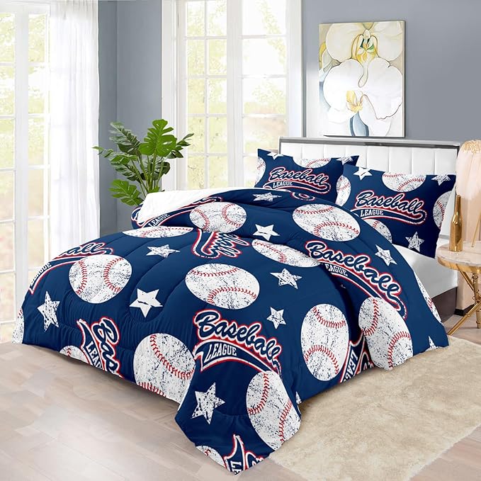 Baseball Comforter Set Full,Sports Bedding Sets for Boys,Blue Sports Comforter Full Bedroom Decor,Baseball Bedding Teen for All Seasons,Blue Quilt Kids Bedroom Decor