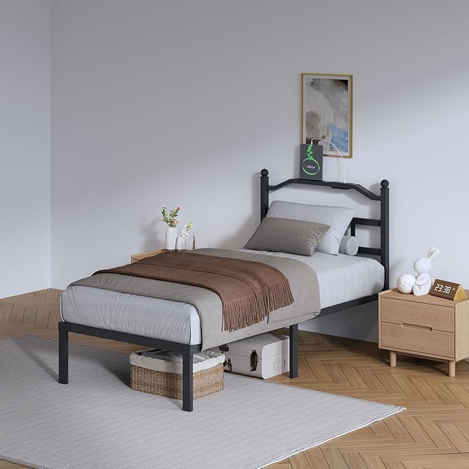 Metal Bed Frame with Headboard - 14 Inch Twin XL Size Heavy Duty Bedframe with Charging Station Black Basic Steel Slats Platform No Box Spring Needed/Noise Free