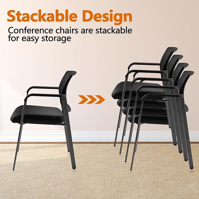 CLATINA Mesh Back Stacking Arm Chairs with Upholstered Fabric Seat and Ergonomic Lumber Support for Office School Church Guest Reception Black
