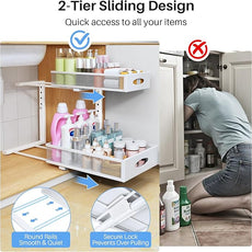Under Sink Organizer, 2 Tier Pull Out Under Cabinet Organizer Shelf with Pad for Framed Cabinets, Metal Slide Out Under Sink Storage, Mesh Sliding Drawers for Kitchen Bathroom Laundry(White, 1 Pack)