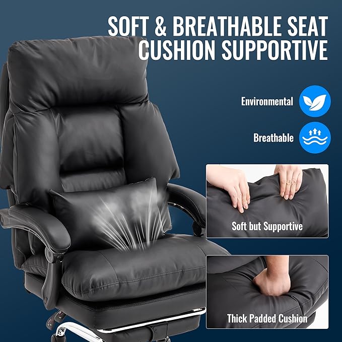 Office Chair with Footrest 500lbs,Reclining Leather Computer Chair for Heavy People, Big and Tall Comfy Executive Desk Chair with Lumbar Support & Pillow .High Back Black