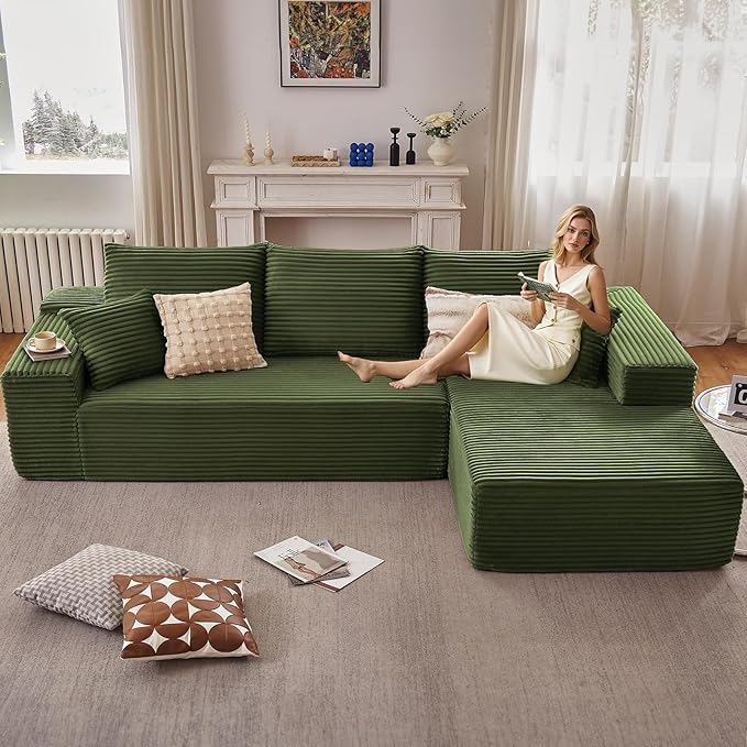 107" Cloud Sectional Couch with L-Shape Chaise, Modern Modular Comfy Sofa Chaise Longue, Upholstered Corduroy Couches Sleeper with Deep Seat for Living Room Bedroom, No Assembly Required, Green