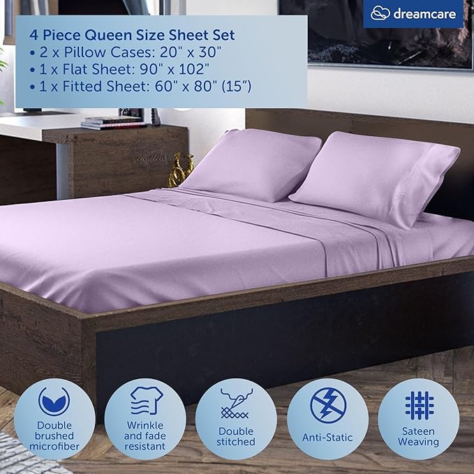 DREAMCARE Queen Size Sheets - Cooling Bed Sheets - 4pcs Set - up to 15" Deep Pocket Queen Sheet Set - Sheets Queen Size Bed - Soft & Long Lasting 100% Fine Microfiber with Side Pocket - Lavender DREAMCARE