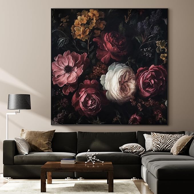 36"x36" Large Framed Wall Art - Vintage Dark Floral Romantic (Frame Assembly Required)