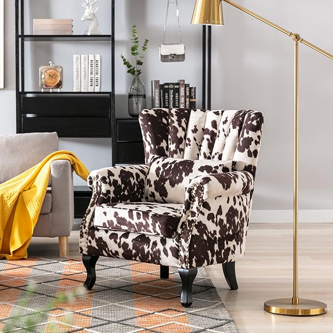 Cow Print Accent Chair Modern Velvet Armchair Tufted Wingback Club Chair Single Sofa Lounge Side Chair with Pillow for Living Room Bedroom, Cow