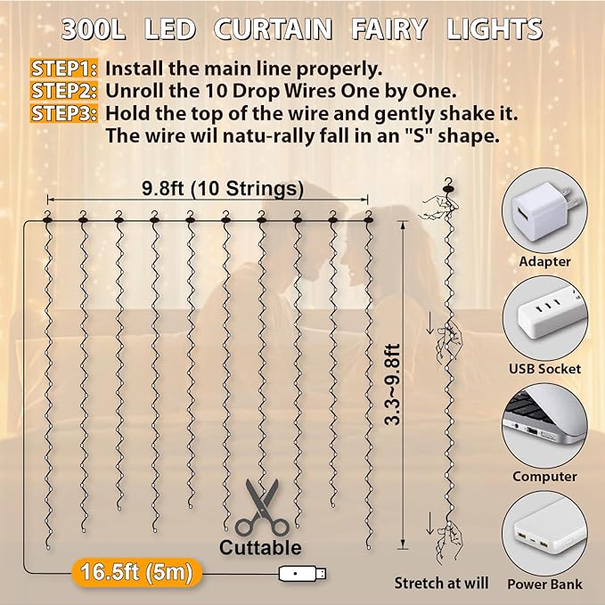 HXWEIYE 300LED Fairy Curtain Lights, 9.8x9.8Ft USB Plug-in 8 Modes Christmas String Hanging Lights with Remote for Bedroom Backdrop Wedding Indoor Wall Decor, Warm White, Standard – 2 Pack