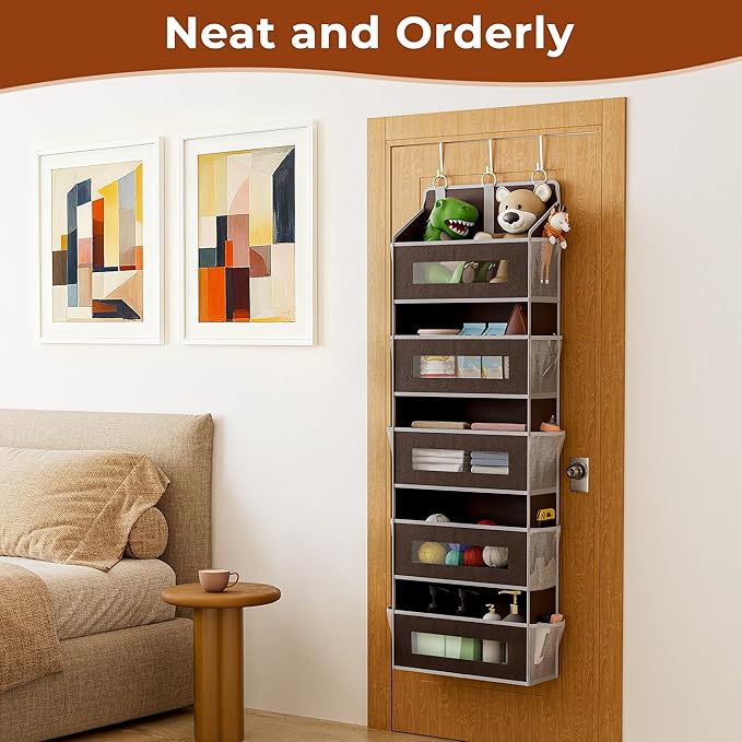 5-Tier Over The Door Storage Organizer with 10 Side Mesh Pockets, 48 lbs Load Capacity, 3 Hooks Design, Door Hanging Organizer with Clear Windows for Bathroom, Bedroom, Nursery, Kitchen-Brown