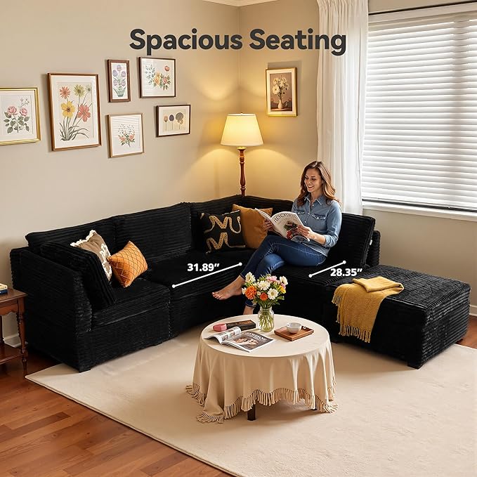 Modular Sectional Sofa, 130.7" L Shaped Couch Set for Living Room, 4-Seater Comfy Cloud Couches with Movable Ottoman, DIY Combination, Plush Corduroy, Black
